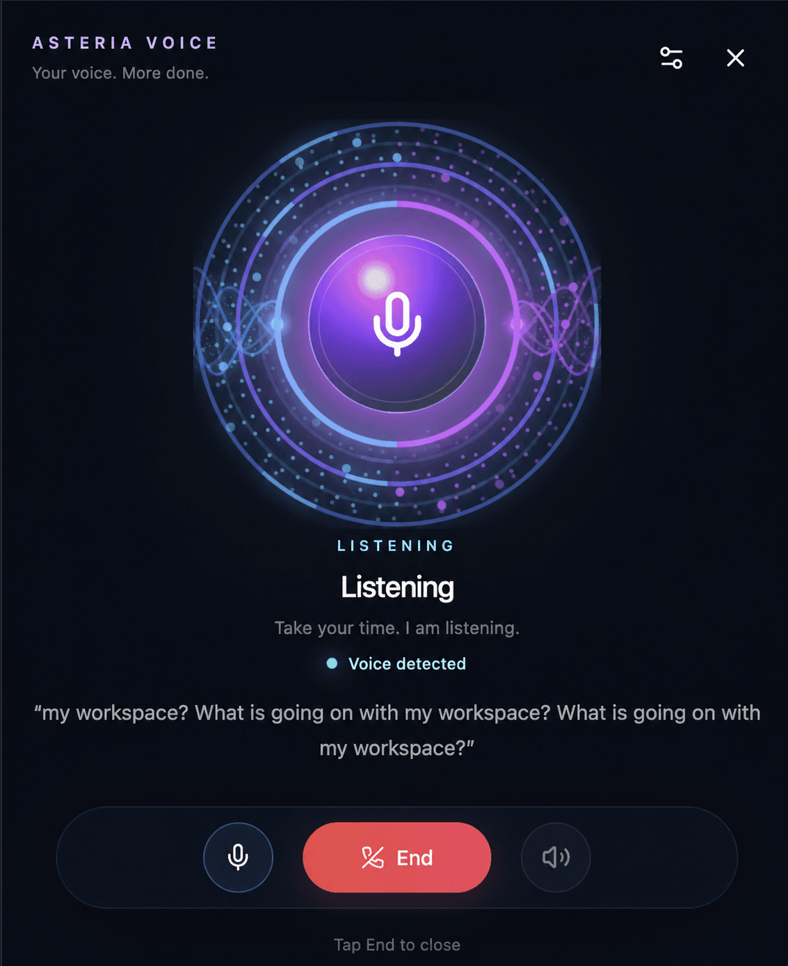 Asteria Voice listening to a workspace request