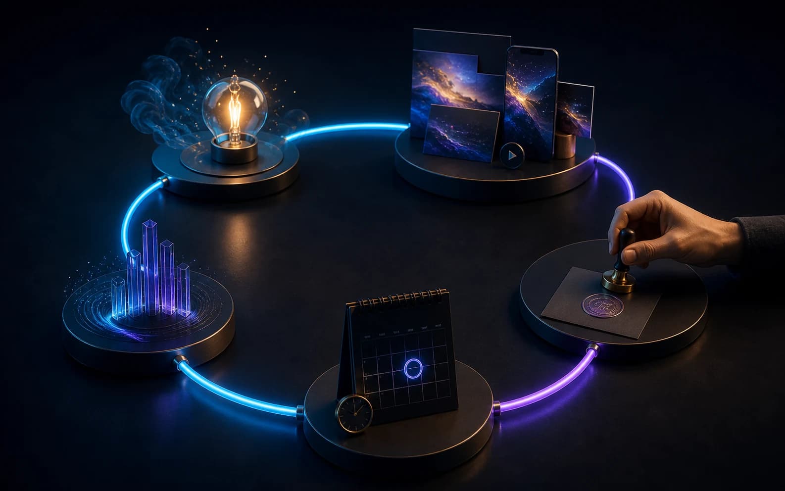 One connected social operation flowing from idea through creation, approval and release