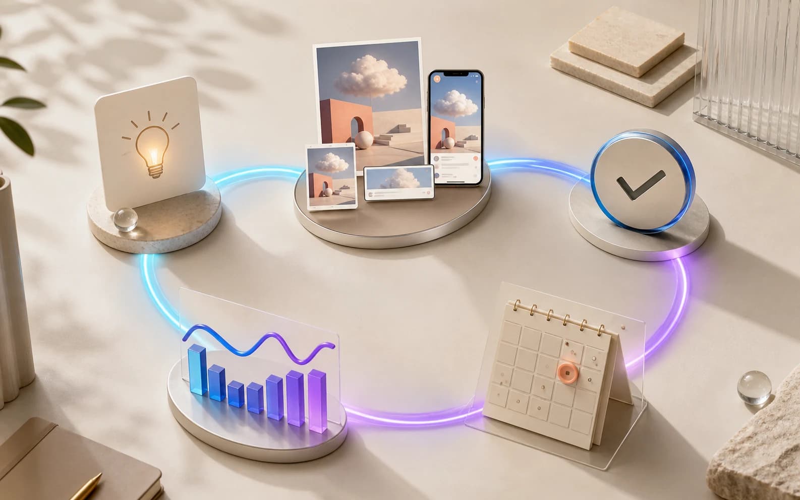 One connected social operation flowing from idea through creation, approval and release