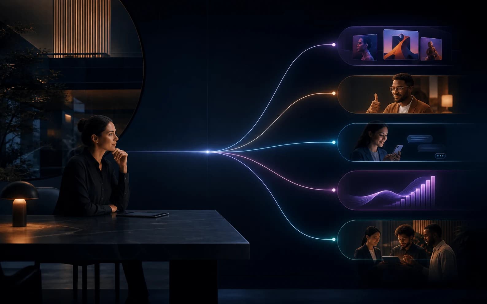 One connected operation branching into creative, approval, conversation, performance and team outcomes