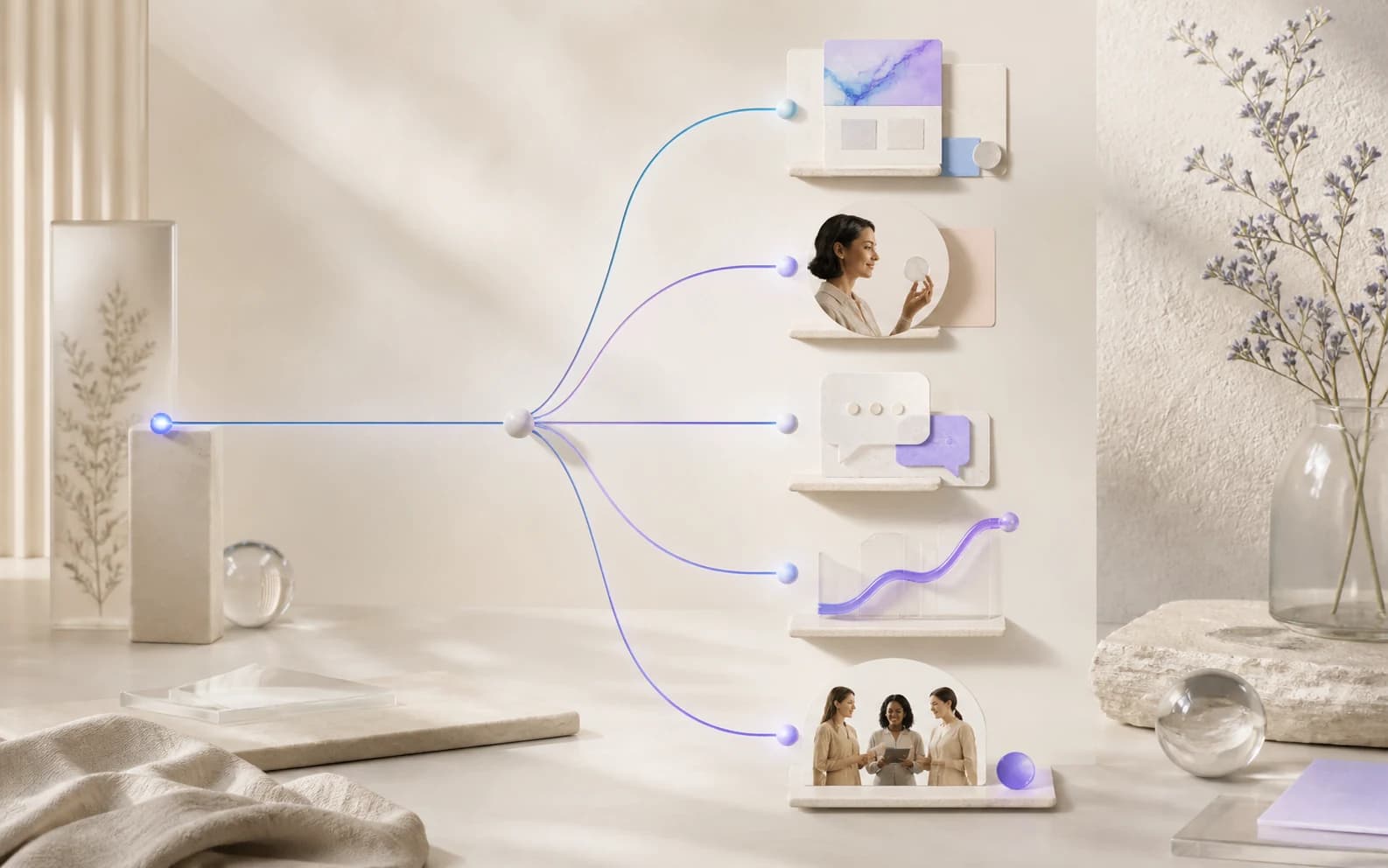 One connected operation branching into creative, approval, conversation, performance and team outcomes