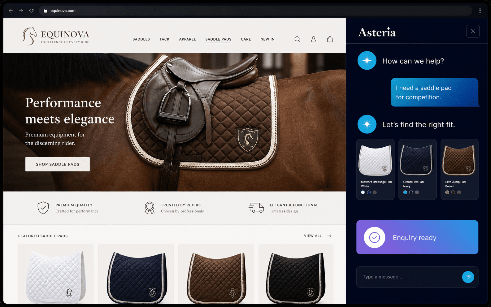 Fictional equestrian storefront with an Asteria website chat recommending products and preparing an enquiry