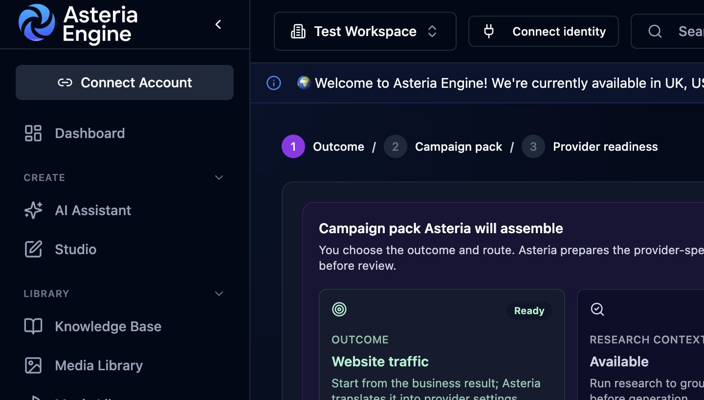 Asteria Engine Ad Studio showing its outcome, campaign pack, and publishing checks.