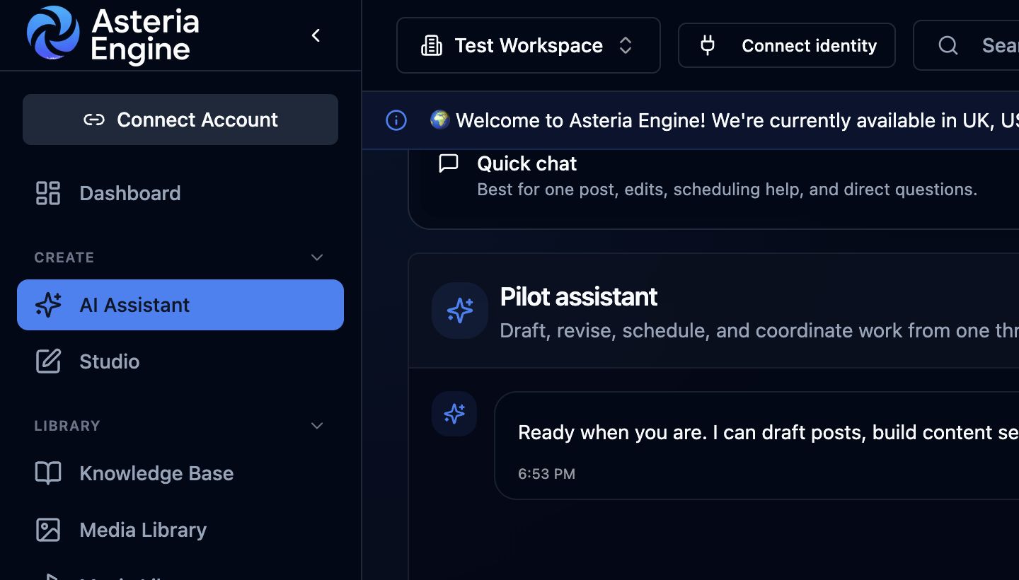 Asteria Engine workspace header showing the Team chat entry point.
