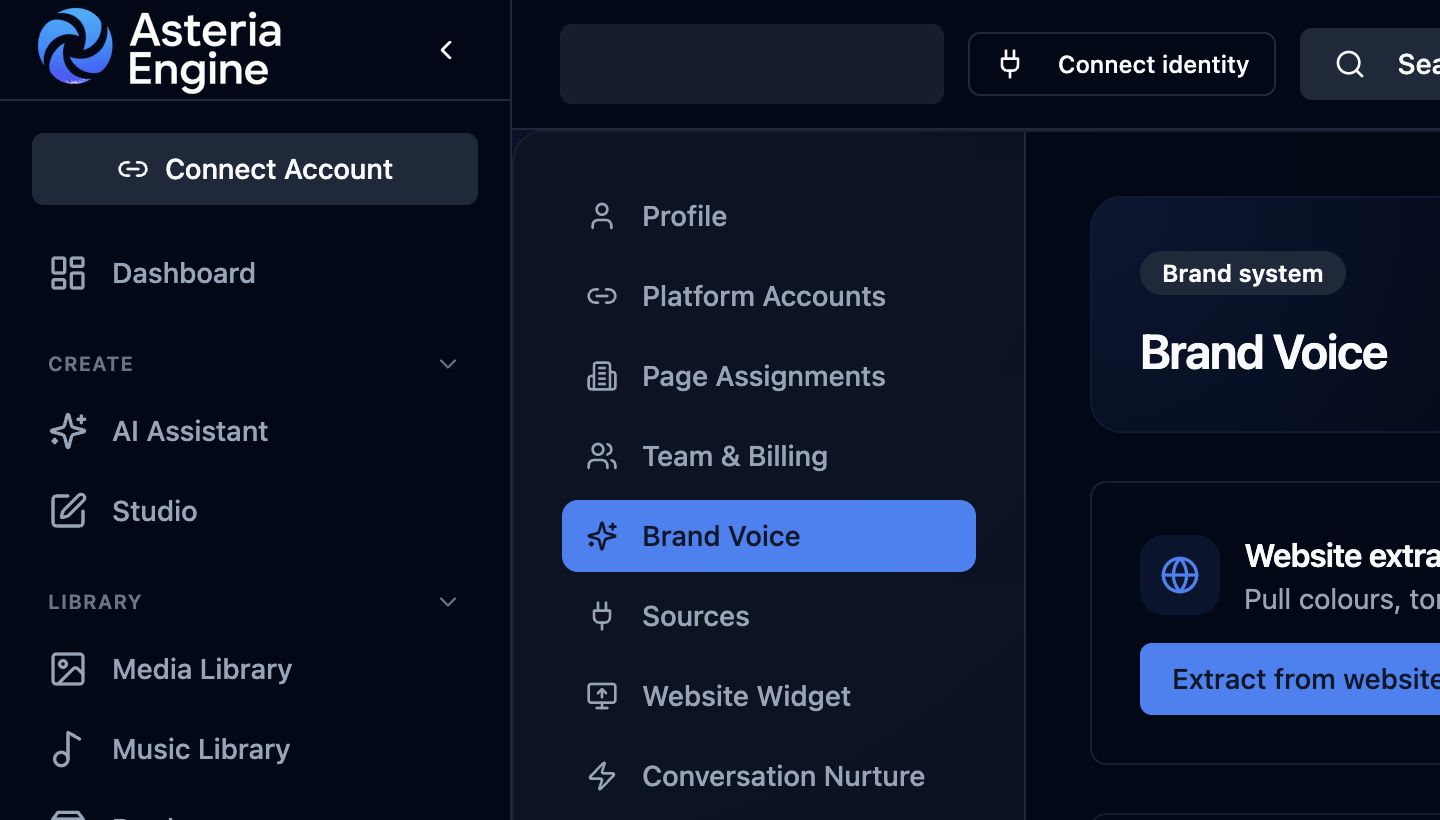 Asteria Engine Brand Voice settings, where approved brand context and guardrails are reviewed.