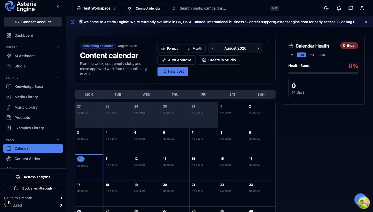 Asteria Engine content calendar showing the shared planning view used after posts are reviewed.