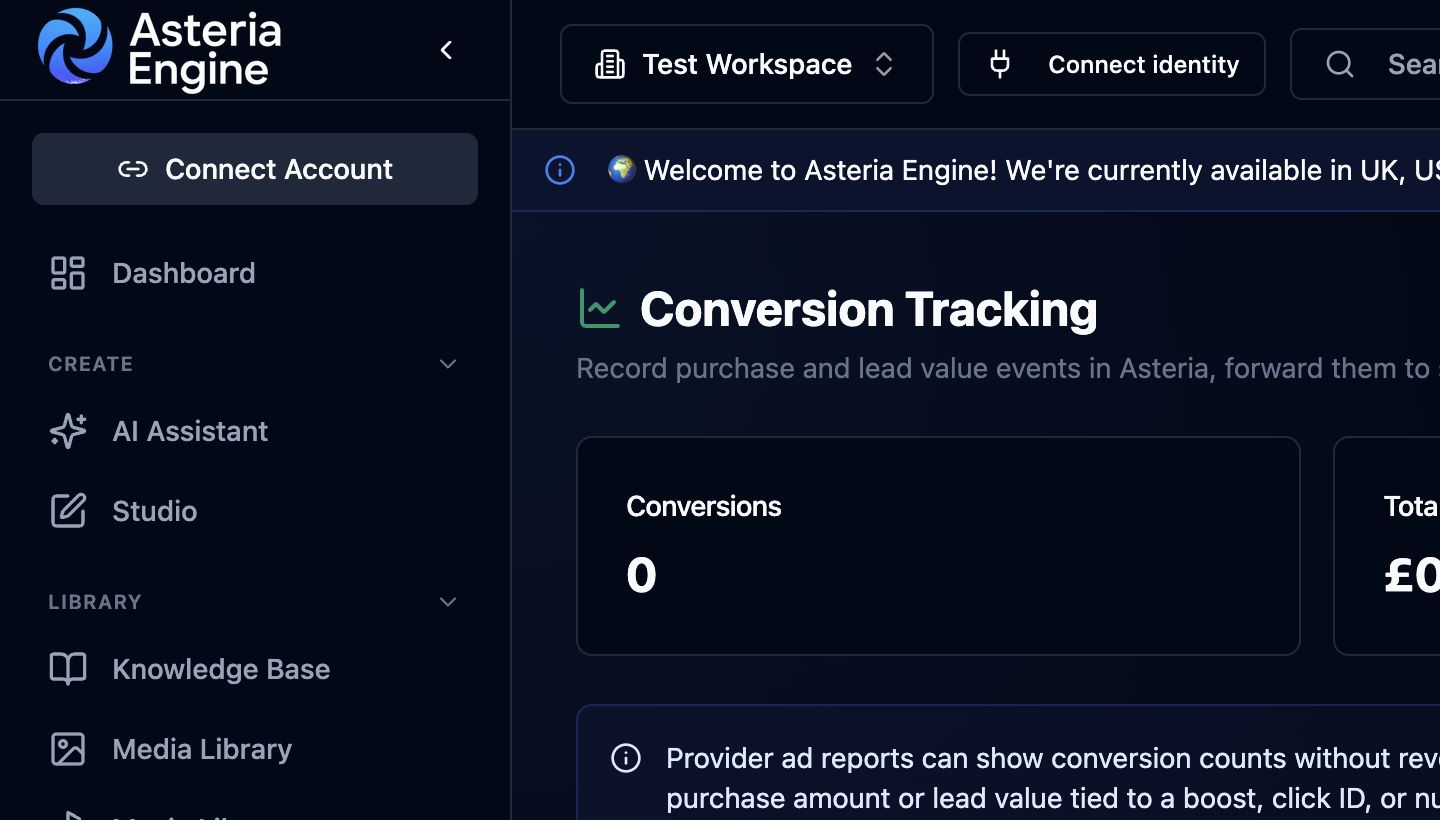 Asteria Engine Conversion Tracking view showing conversion and value totals.