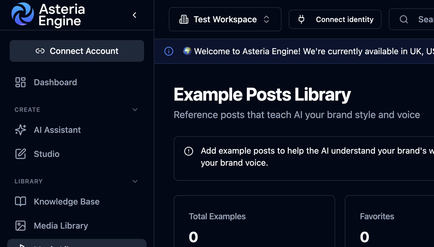 Asteria Engine Example Posts Library showing its purpose and library totals.