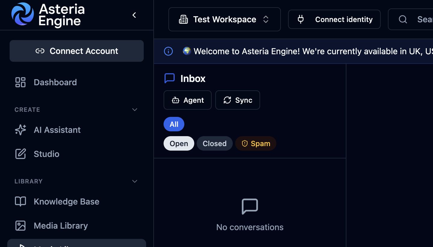 Asteria Engine Inbox showing the Agent, Sync, platform, and conversation-status controls.