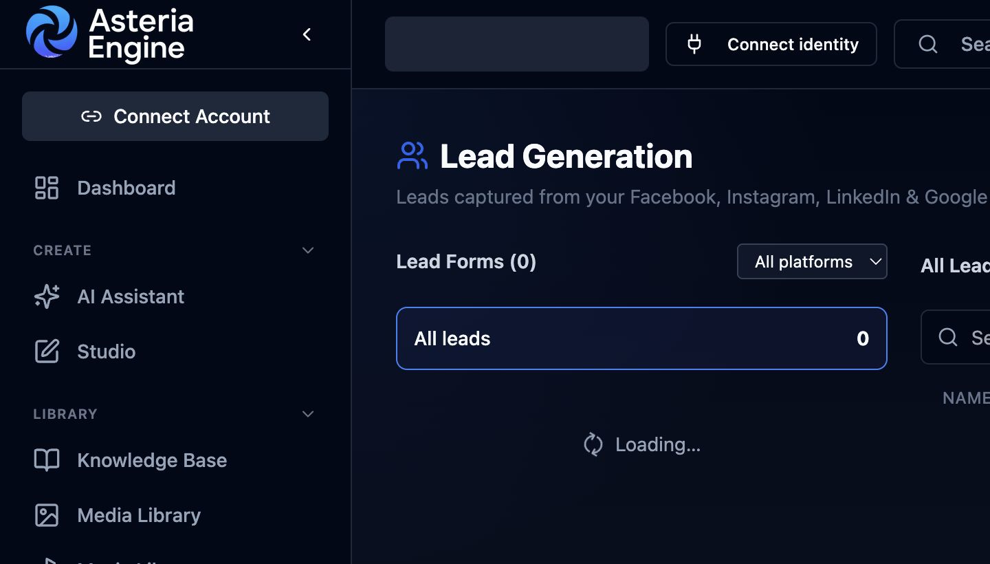 Asteria Engine Lead Generation view showing platform filters, lead forms, and the lead list.