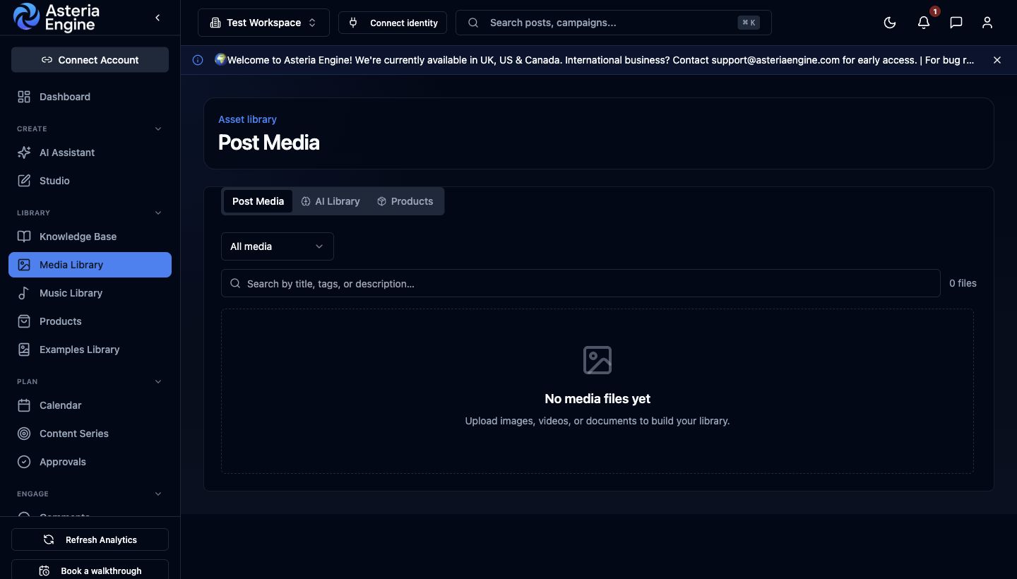 Asteria Engine Media Library showing Post Media, AI Library, and Products tabs.