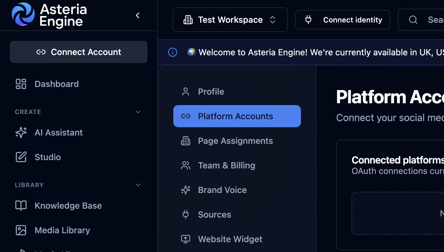 Asteria Engine Platform Accounts settings showing connected channels and their current status.