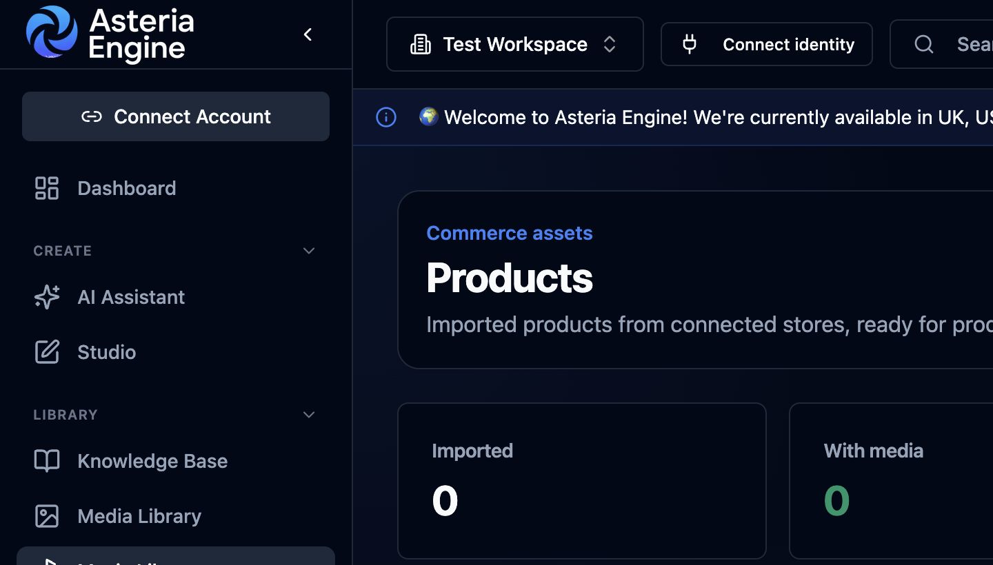 Asteria Engine Product Library showing imported-product totals and commerce assets.