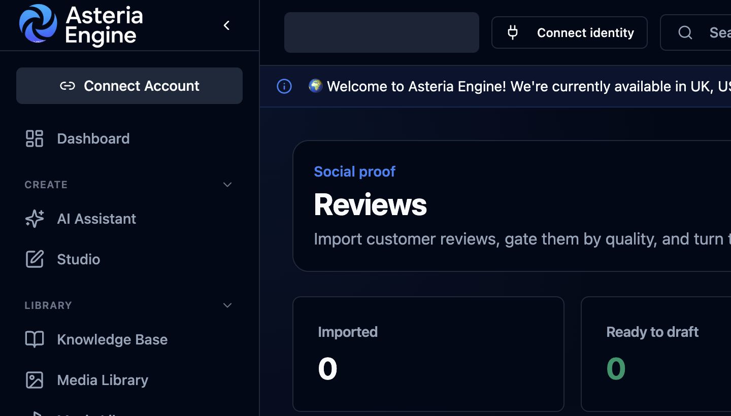 Asteria Engine Reviews workspace showing imported and draft-eligible review totals.