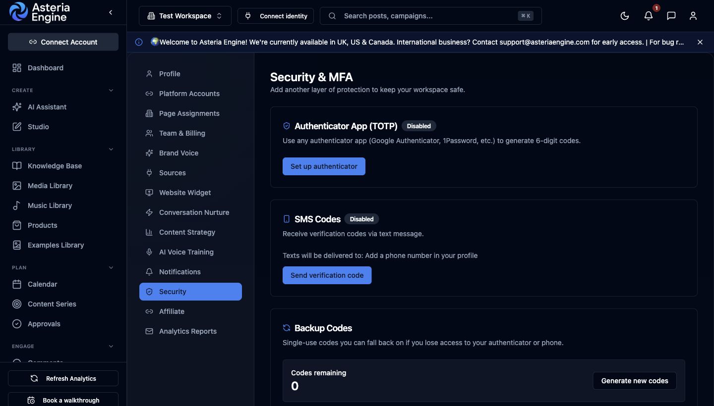 Asteria Engine Security and MFA settings showing authenticator, SMS, and backup-code controls.