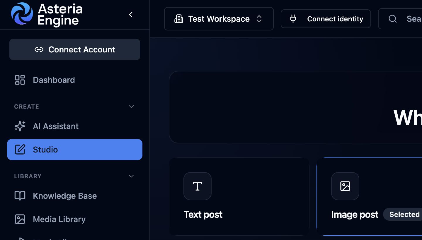 Asteria Engine Studio launch view for choosing the type of post to create.